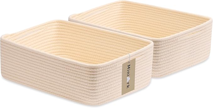 Large Shallow Organizing Baskets 15x11x5.1 Inches - Rope Woven Storage Bins for Bathroom, Shelves, Cube Closet, Beige 2 Packs-Ruum Studio Home