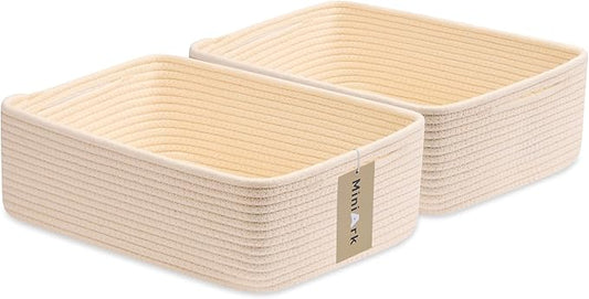 Large Shallow Organizing Baskets 15x11x5.1 Inches - Rope Woven Storage Bins for Bathroom, Shelves, Cube Closet, Beige 2 Packs-Ruum Studio Home