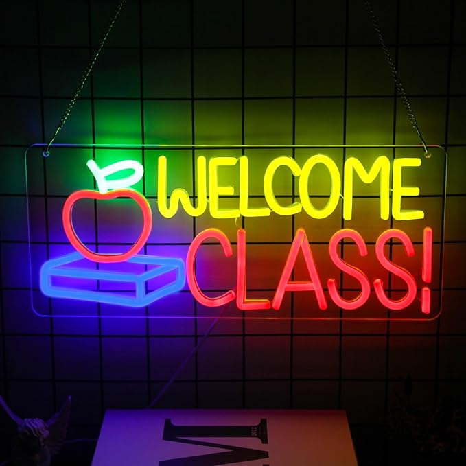 Welcome Class Neon Sign Student Classroom Neon Lights Apple Book LED Signs for Wall Colorful Back to School Wall Art Neon Light Up Signs for Classroom School Opens Party Decorations-Ruum Studio Home