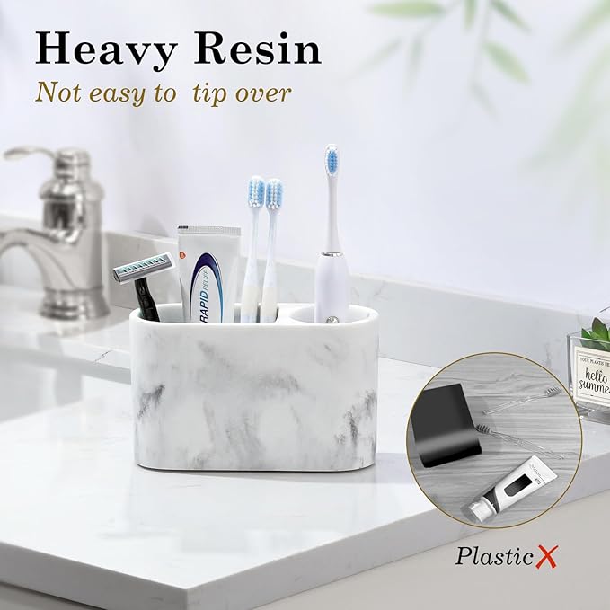Luxspire Toothbrush Holder, 2 Slots Toothbrush and Toothpaste Holdersfor Bathrooms, Resin Toothbrush Holder Electric Toothbrush Stand for Vanity Countertop, Bathroom Accessories, Gravel White-Ruum Studio Home