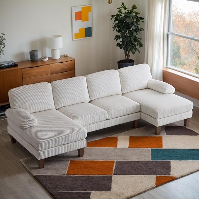 Karl home U-Shape Sectional Sofa Couch 111" Modern 4-Seat Sofa with Chaises Corduroy Fabric Upholstered Covertible Couch with Wood Grain Legs for Living Room, Reception Room, Apartment, Beige-Ruum Studio Home