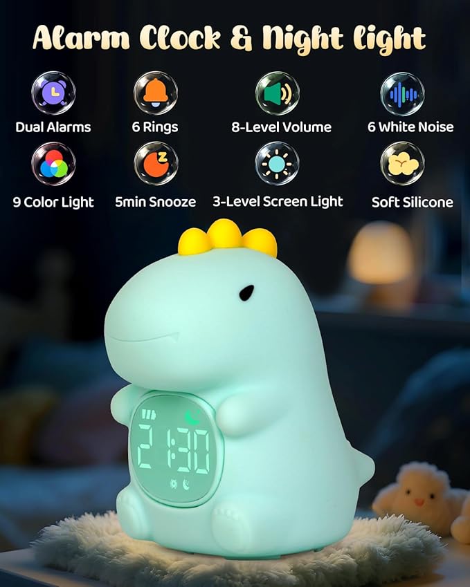 Dinosaus Alarm Clock for Kids with Night Light, Sleep Training Clock Time to Wake Clock, Rechargeable Silicone Light for Bedroom, Perfect Sleep Companion for Boys Girls-Ruum Studio Home