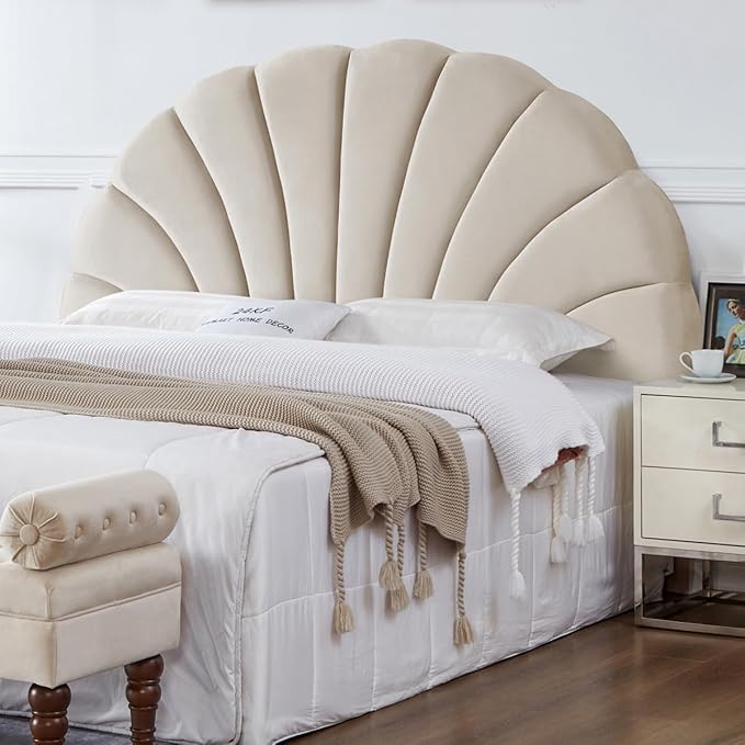24KF Stunning Crown Design King Headboard, Upholstered Soft Velvet Petal Pattern Headboard King/CA King-Beige-Ruum Studio Home