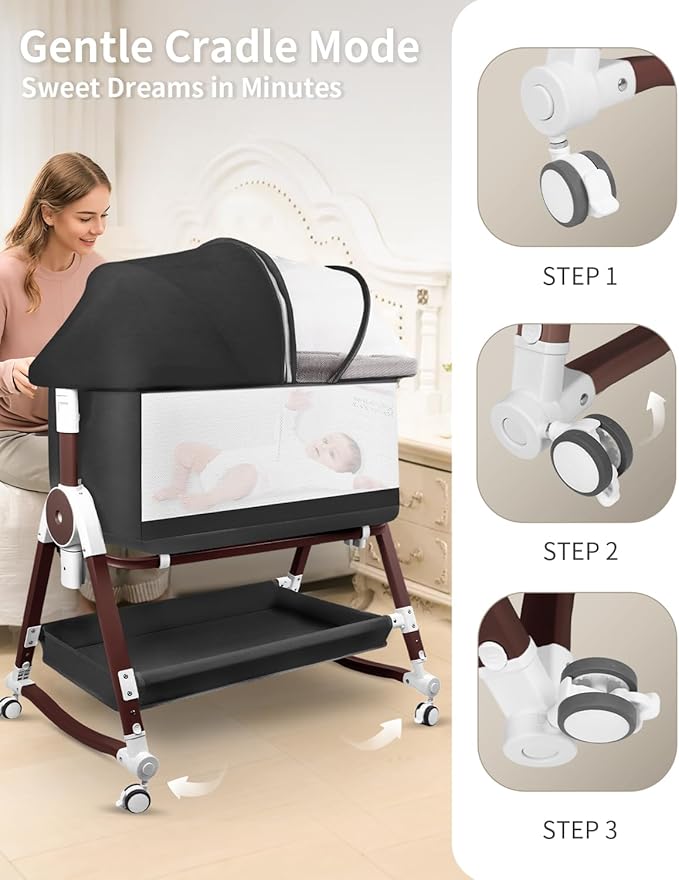 4 in 1 Baby Bassinet, Bassinets Bedside Sleeper with Wheels and Storage Basket, Adjustable 7 Heights Bedside Sleeper with Mosquito Net, Breathable Mesh Rocking Bassinet for Baby-Ruum Studio Home