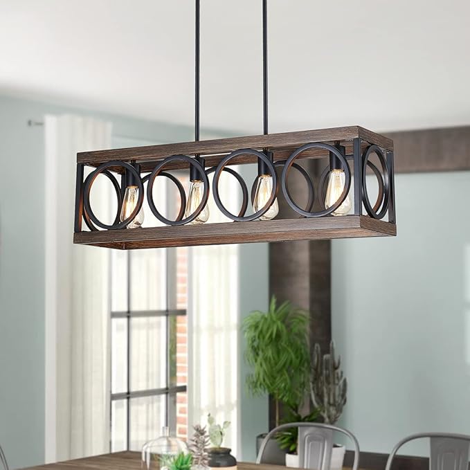 XINGQI Black Kitchen Island Light Fixtures, Farmhouse Dining Room Chandelier Rectangular Linear Chandeliers Pendant Ceiling Light Fixture for Bar Office Coffee Shop 4-Light Wood Grain-Ruum Studio Home