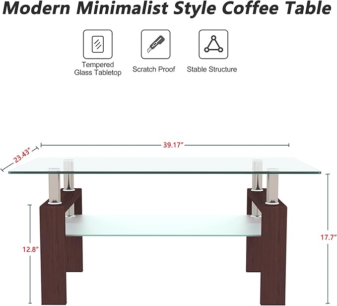 Glass Coffee Table for Living Room, Mordern Sofa Center Tables with Storage, Brown Metal Leg, Rectangle Tempered Glass Center Table Home Furniture-Ruum Studio Home