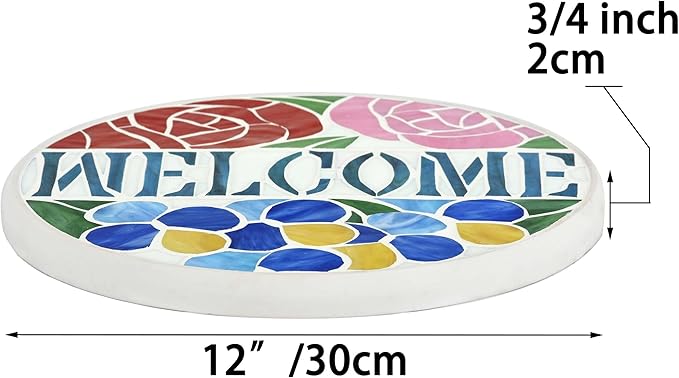 Bieye MSS002 Rose Flowers Tiffany Style Stained Glass Mosaic Decorative Stepping Stone for Garden Decor (12" Round, Welcome Sign)-Ruum Studio Home