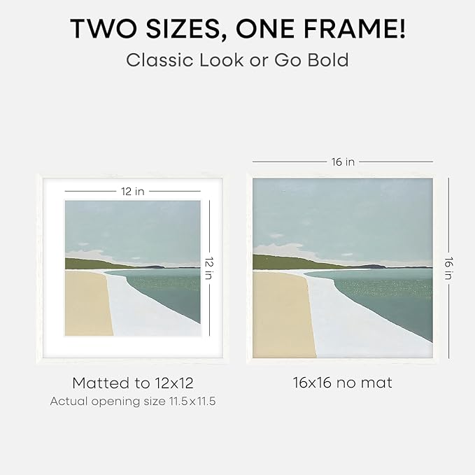 Homeforia 16x16 White Picture Frame, High End Oak 16 x 16 Square Wood Frames with Mat 12 by 12 inches Photo, 16by16 White Wooden Poster Frames Matted to 12x12 Print, Tempered Glass, Wall Kit, Set of 1-Ruum Studio Home