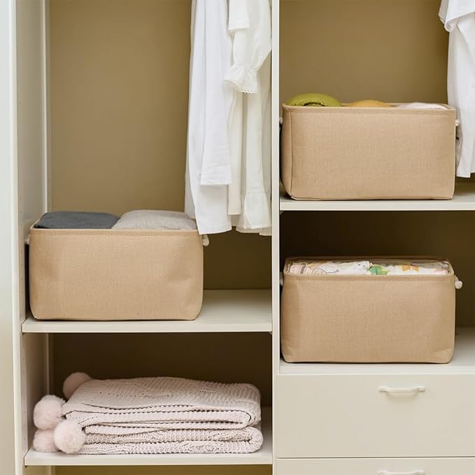 Organization and Storage Basket for Gifts Empty - 16x12x8 inch Large 4 Pack Fabric Storage Cube Collapsible Baskets for Shelves with Handles, Storage Box for Cloth Books Laundry Canvas(Beige)-Ruum Studio Home