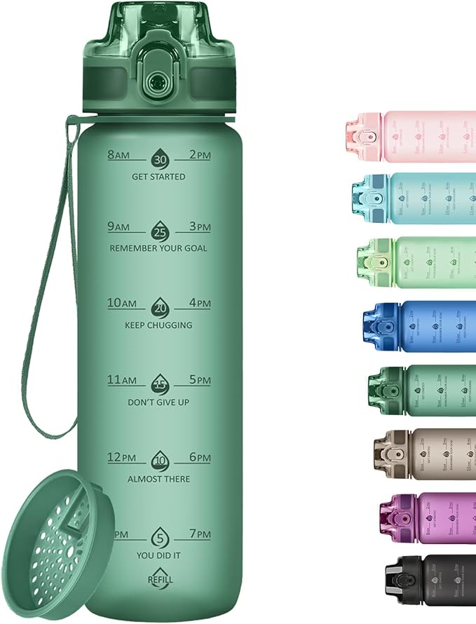 32oz Motivational Water Bottles with Time Marker & Fruit Strainer, Transparent Gradient Color Water Bottle with Times to Drink, Leakproof & BPA Free, Reusable Bottle with Strap (No Straw)-Ruum Studio Home