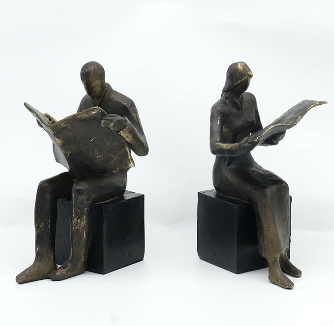 Lukitas Decorative Newspaper Reader Bookends, Heavy Duty Book Holder Non-Slip, Vintage Home Décor Accessories for Study Office Bookshelf, Bronze, Resin, 1Pair/2Piece-Ruum Studio Home