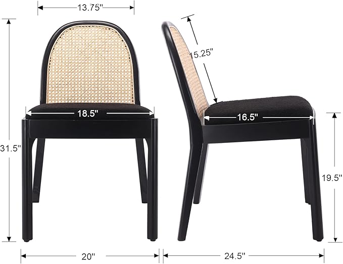 Mid Century Dining Chairs Set of 6, Accent Rattan Sherpa Fabric Side Chairs Kitchen Chair with Solid Wooden Legs for Living Room Dining Room, Black-Ruum Studio Home