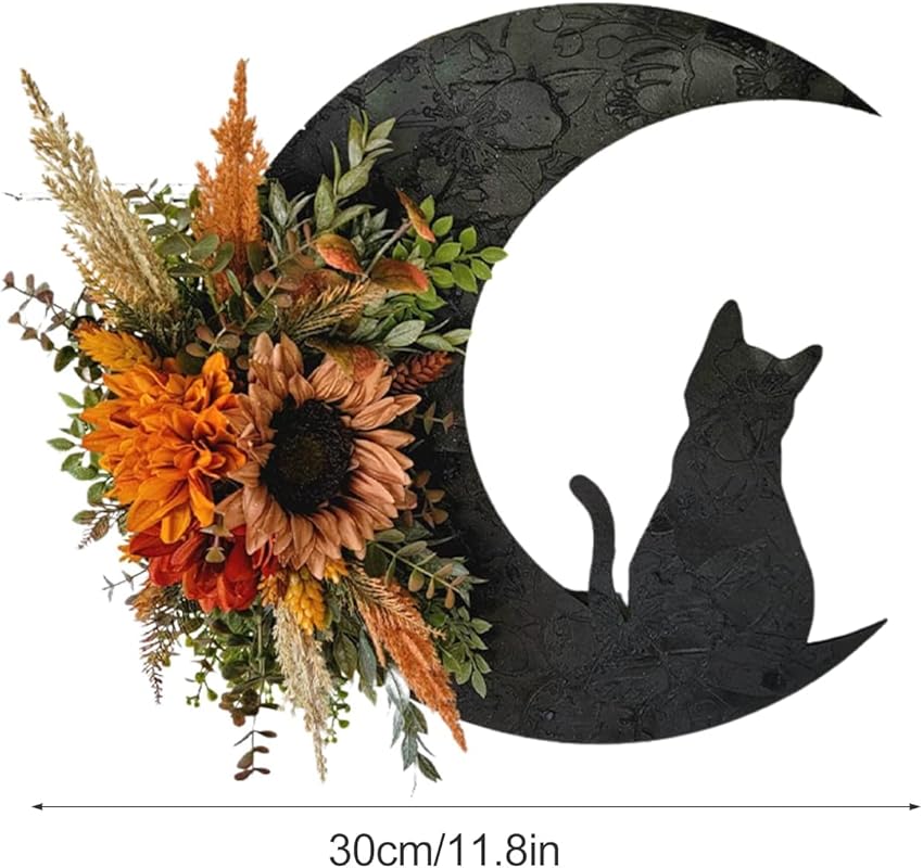 Halloween Wreaths for Front Door, Black Cat on Moon Garland with Rose Wreath Decor, Halloween Decorations Crescent Moon Wreath for Home Party Window Wall Indoor Outdoor (orange flower)-Ruum Studio Home