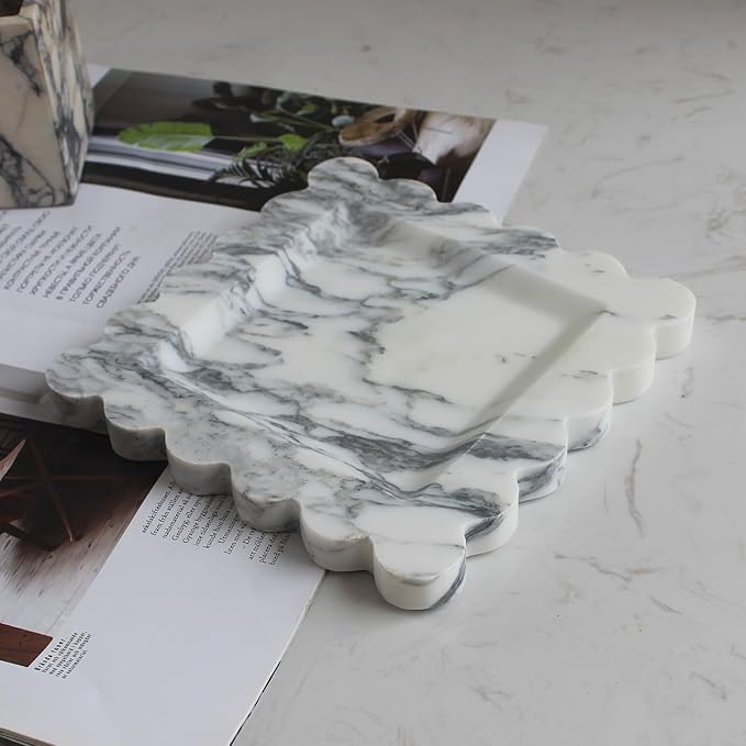 Natural Luxury Marble Tray with Scalloped Edge, Handmade Square Decorative Tray, Catch All Tray for Counter, Dresser, Nightstand and Home Décor (Arabescato Calacatta)-Ruum Studio Home