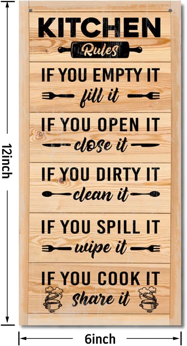 Hanging Kitchen Rules Wooden Sign, Rustic Kitchen Decor, Printed Wall Art, Funny Farmhouse Wall Decor-Ruum Studio Home