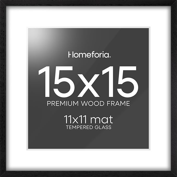 Homeforia 15x15 Black Wood Frame, High End Oak 15 x 15 Square Picture Frames with Mat 11 by 11 inches Photo, 15by15 Black Wooden Poster Frames Matted to 11x11 Print, Tempered Glass, Wall Kit, Set of 1-Ruum Studio Home