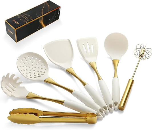 Elegant White Gold Silicone Cooking Utensils Set - Non-Toxic, Dishwasher Safe Kitchen Utensils Set with Heat Resistant Comfort Handles - Includes Spatula & Spoon for Nonstick Cookware-Ruum Studio Home
