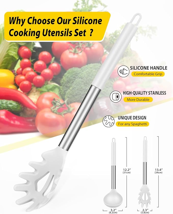 Silicone Pasta Fork and Ladle Spoon Set, Large Non Stick Kitchen Utensils for Cooking,Stirring,Serving Spaghetti, Soup, Sauce (WHITE)-Ruum Studio Home