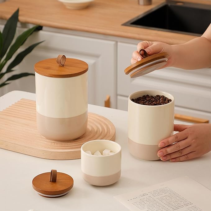 Coffee Canister, Ceramic Food Storage Jars with Lids Salt Matcha Container Brown Sugar Container Bowl for Kitchen Tea, Coffee Beans, Spice (#001Khaki-Set of 3)-Ruum Studio Home