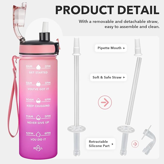Enerbone Water Bottle, Leakproof BPA & Toxic Free, Motivational Water Bottle with Times to Drink and Straw, Fitness Sports Water Bottle with Strap for Office, Gym, Outdoor Sports-Ruum Studio Home