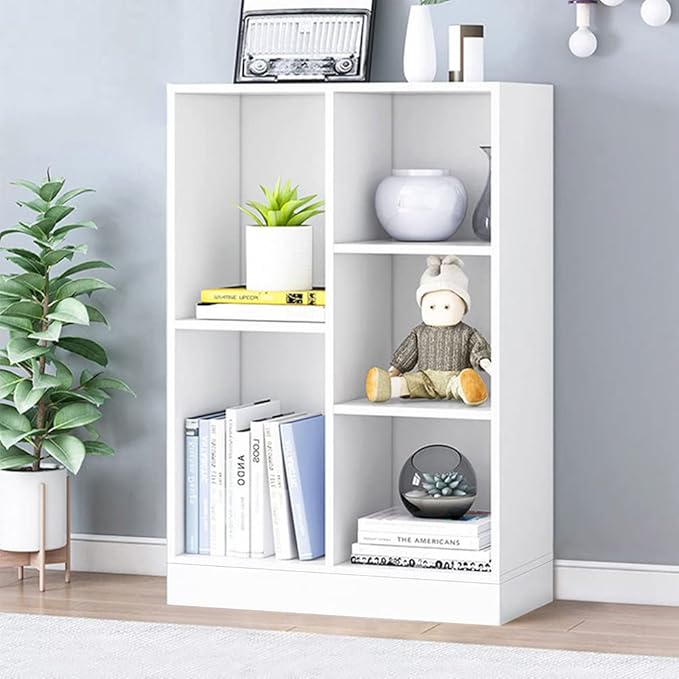 IOTXY Open Shelf Low Bookcase - Wooden 3-Tier Floor Standing Display Cabinet Organizer with Base, 5 Cubes Short Horizontal Bookshelf in Warm White-Ruum Studio Home