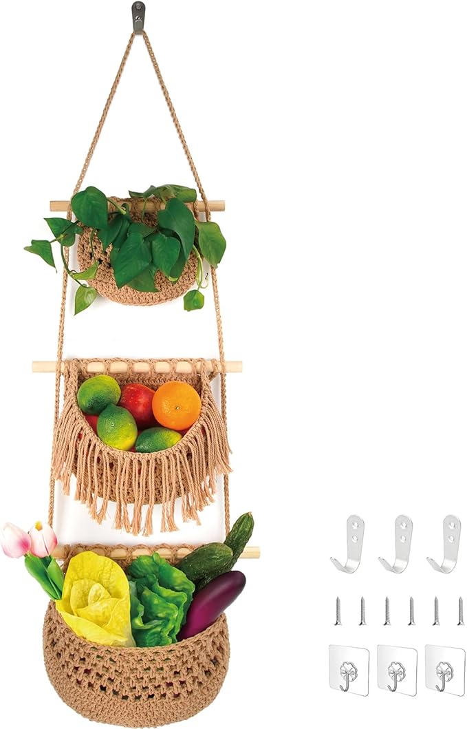 3 Tier Hanging Fruit Basket for Kitchen, Handmade Woven Cotton Hanging Wall Basket for Fruit Vegetable with 6 Hooks, Boho Style Over The Door Organizer for Living Bathroom Bedroom-Ruum Studio Home