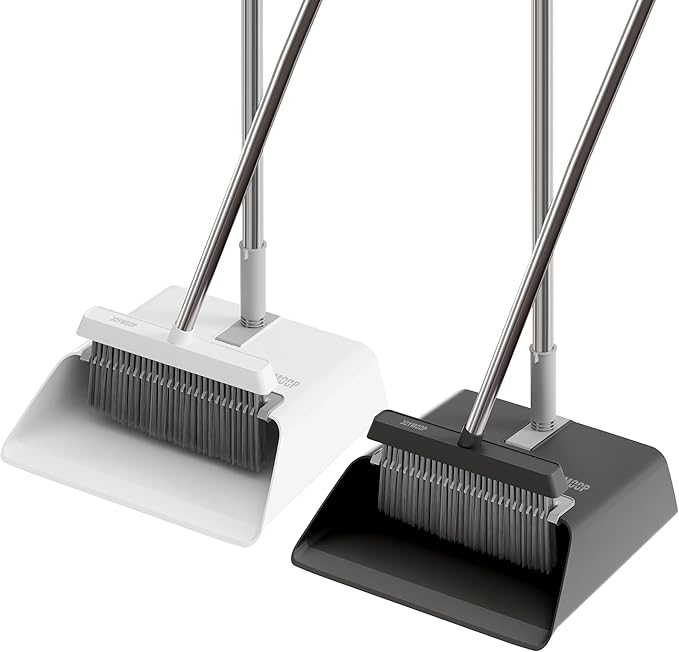 JOYMOOP 2 Pack Broom and Dustpan Set, Black and White Combo, Upright Angle with Built-in Comb Teeth for Pet Hair and Hard Floors-Ruum Studio Home