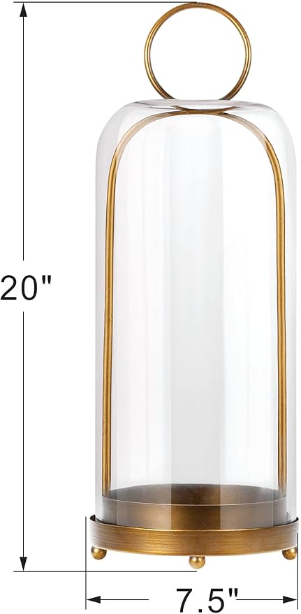 20" High Versatile Modern Metal Hurricane Lantern with Handmade Sturdy Glass Dome for Pillar Candle & Plants (Brass, 7.5"x20")-Ruum Studio Home