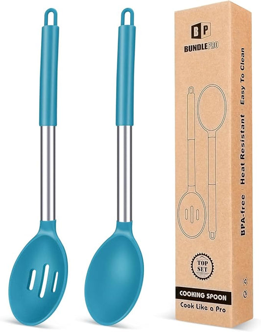 Pack of 2 Large Silicone Cooking Spoons,Non Stick Solid Basting Spoon,Heat-Resistant Kitchen Utensils for Mixing,Serving,Draining,Stirring (BLUE)-Ruum Studio Home
