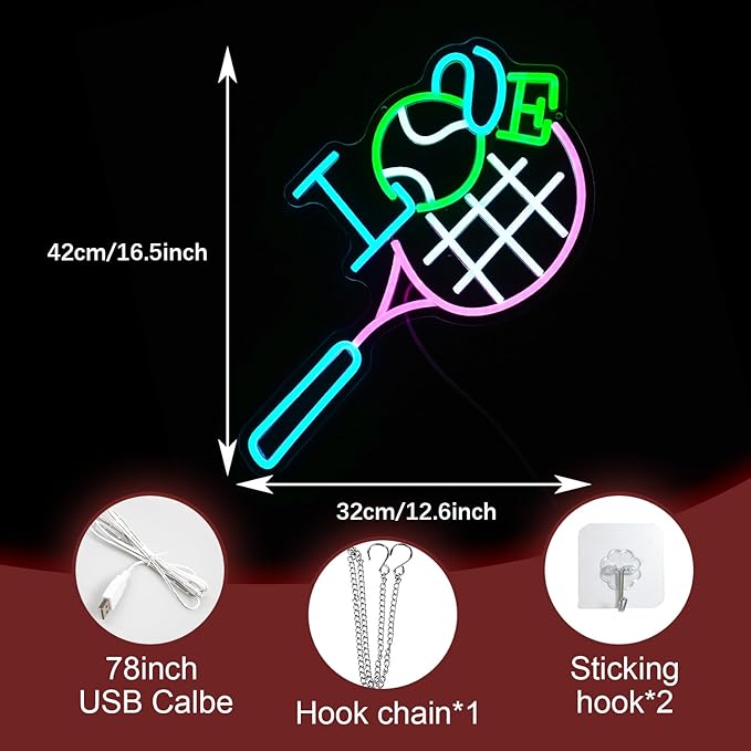 I Love Tennis Neon Sign Distinctive Tennis Led Neon Light for Wall Decor Dimmable USB Tennis Neon Signs Light Up Sign for Gymnasium Club Sports Store Bedroom Gifts(12.6 * 16.5In)-Ruum Studio Home