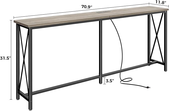 SUPERJARE 70 Inch Console Table with Outlets and USB-C Port, Extra Long Behind Couch Sofa Table with X-Shaped Design, Narrow for Entryway, Living Room, Metal Frame, Wooden Top, Grey Oak-Ruum Studio Home