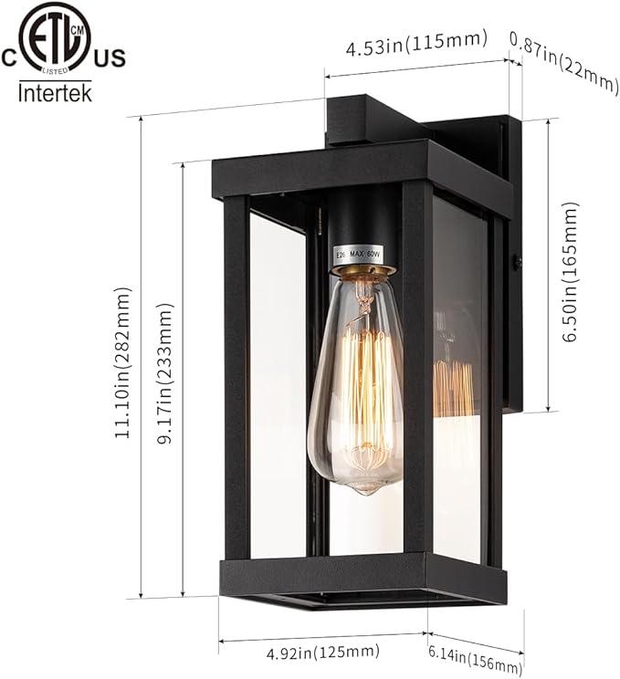 mirrea 11" Classic Outdoor Wall Sconce 1 Light in Matte Black Rectangular Metal Frame and Clear Glass Shade Waterproof Porch Light Patio Light Pack of 2-Ruum Studio Home