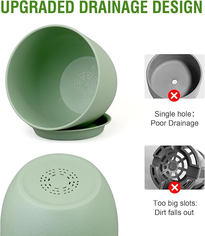 Flower Pots 9/8/7.5 inch, Plant Pots for Indoor Outdoor Plants, Set of 3 Modern Decorative Plastic Planters with Drainage Holes and Saucers for Garden Porch House Plants, Green-Ruum Studio Home