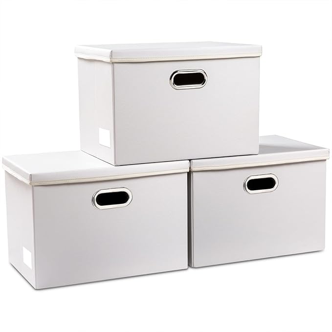 PRANDOM Large Stackable Storage Bins with Lids [3-Pack] Leather Fabric Foldable Storage Boxes Organizer Containers Baskets Cube with Cover for Bedroom Closet Office Nursery White (17.7x11.8x11.8)-Ruum Studio Home