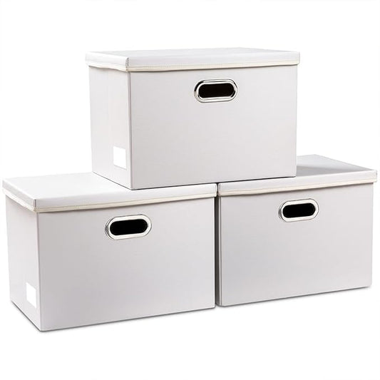 PRANDOM Large Stackable Storage Bins with Lids [3-Pack] Leather Fabric Foldable Storage Boxes Organizer Containers Baskets Cube with Cover for Bedroom Closet Office Nursery White (17.7x11.8x11.8)-Ruum Studio Home