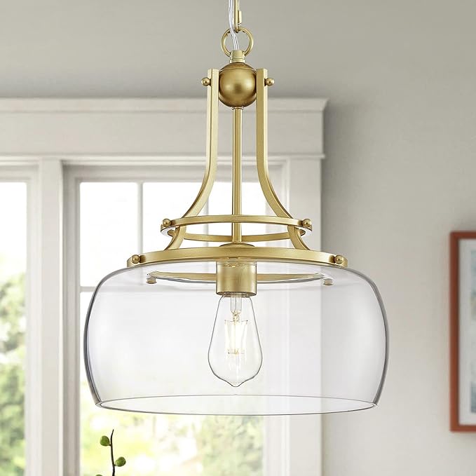 WUZUPS Chandelier Rustic Farmhouse Industrial Round Ceiling Pendant LED Light Fixture with Clear Glass Shades for Dining Room Kitchen Island Foyer Entryway, H 17" x W 13.4", E26 Base, Gold-Ruum Studio Home