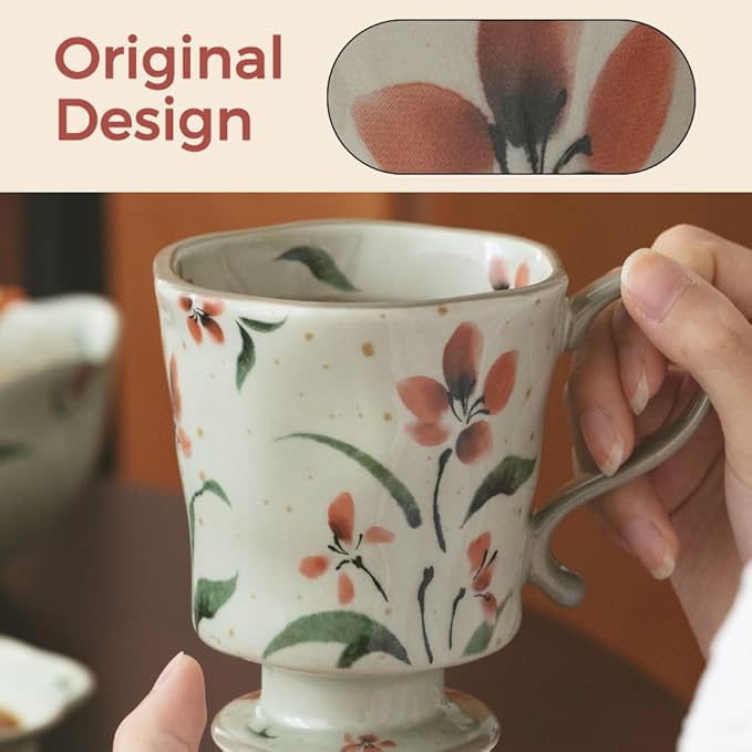 360ml -12.17oz Painted red Azalea Floral Ceramic Mug - Cute Coffee Cup for Latte,Espresso - Gift for Women, Dishwasher Safe-Ruum Studio Home