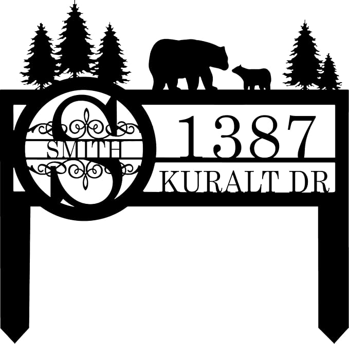 Personalized Custom Bear Wildlife Decor with Metal Stake - Address House Number Name Sign for Farmhouse, Yard, Camping-Ruum Studio Home