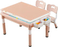 Multi Functional Kids Table and 2 Chairs Set, Graffiti & Building Blocks Double-Sided Tabletop, Toddler Play Table with Drawers, Large Storage Space, Gift for Boys/Girls, Pink-Ruum Studio Home