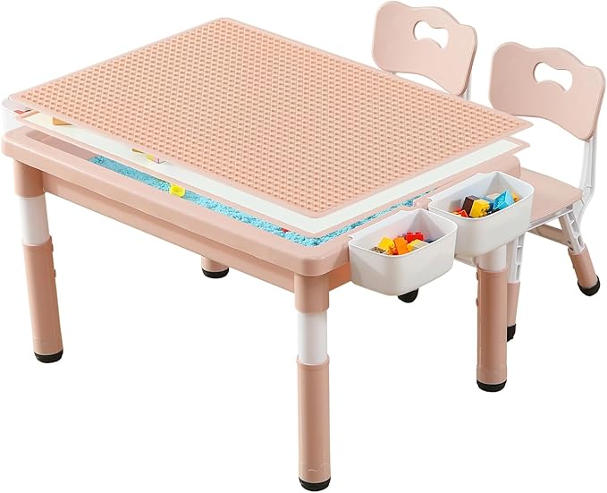 Multi Functional Kids Table and 2 Chairs Set, Graffiti & Building Blocks Double-Sided Tabletop, Toddler Play Table with Drawers, Large Storage Space, Gift for Boys/Girls, Pink-Ruum Studio Home