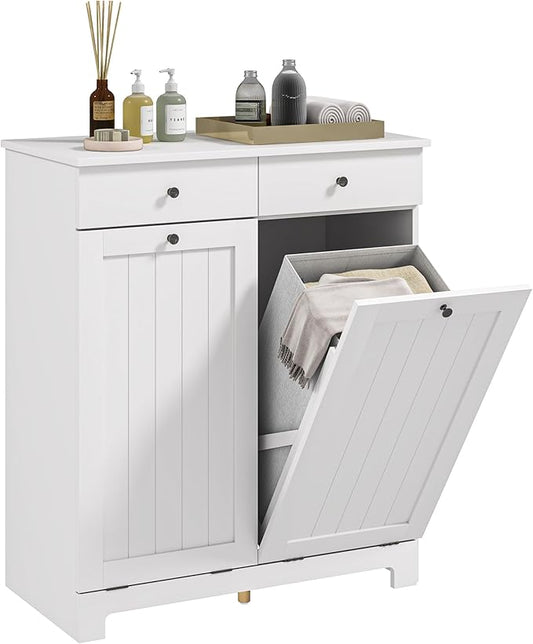 HOMCOM Laundry Hamper Cabinet with 2 Removable Baskets, Tilt Out Laundry Hamper Cabinet with 2 Drawers and 2 Beadboard Doors, Laundry Cabinet Bathroom Storage Cabinet, White-Ruum Studio Home