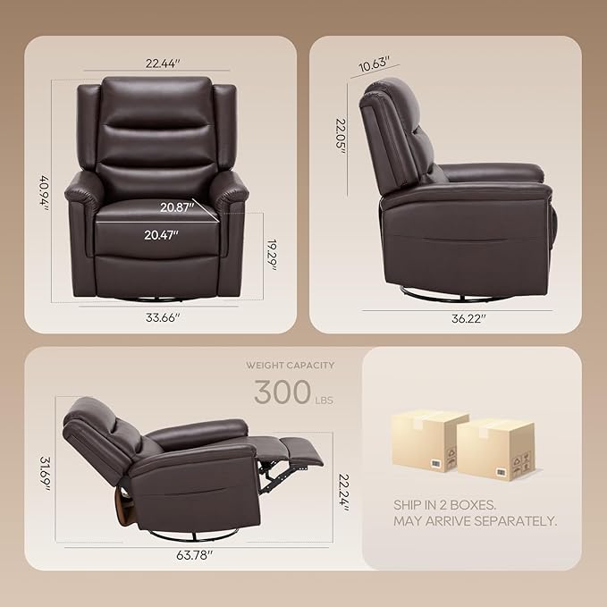 COLAMY Oversized Leather Recliner Chair, 360°Swivel Rocking Manual Recliner with Thick Cushioned Padding Backrest and Wide Seat - Darkbrown-Ruum Studio Home