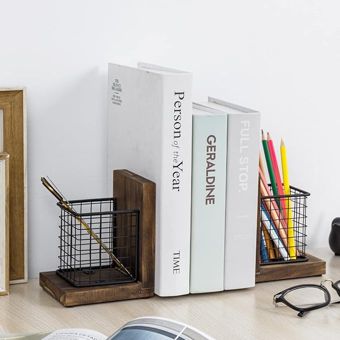 MyGift Rustic Burnt Wood Decorative Bookends for Heavy Books with Matte Black Metal Wire Basket Pencil Cup and Office Supplies Storage Baskets, 1-Pair-Ruum Studio Home