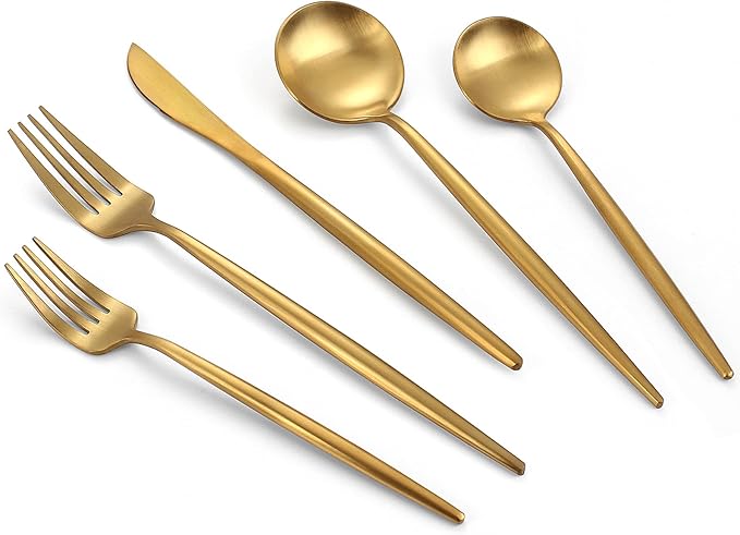 Matte Gold Silverware Set, 20-Piece Stainless Steel Flatware, Tableware Cutlery Service for 4, Satin Finish Utensils, Knife Fork Spoon for Home and Restaurant, Dishwasher Safe-Ruum Studio Home