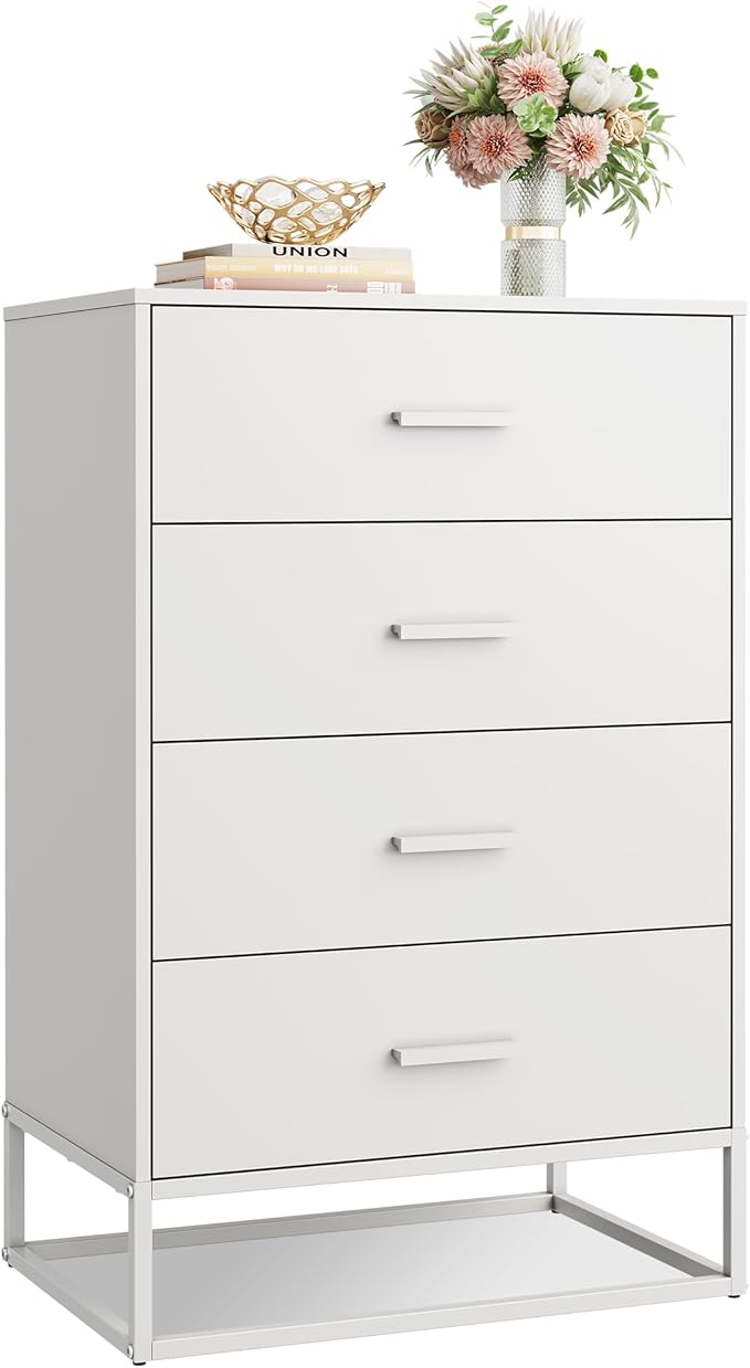 WLIVE White Wood Dresser for Bedroom with 4 Drawers, Tall Chest of Drawers with Sturdy Metal Frame for Living Room, Hallway, Closet-Ruum Studio Home