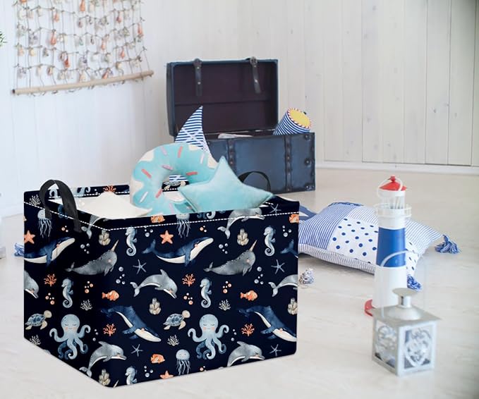 HIYAGON Rectangular Ocean Basket Kids Baby Storage Bin Toy Organizer Box for Boys Under the Sea Nursery Decor(Ocean)-Ruum Studio Home