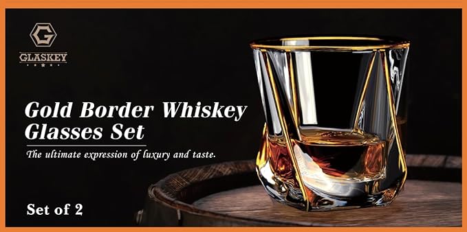 Crystal Whiskey Glasses Set of 2 with 24K Gold Rim,Bar Glasses,Twisted Whiskey Glass Gold Collection for Bourbon,Scotch and Wine,Rock Barware for Men Gift - 8oz-Ruum Studio Home