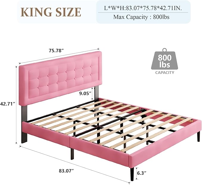 King Size Bed Frame with Headboard, Platform Bed Frame with Velvet Upholstered Button Tufted Headboard, Wood Slats Support, No Box Spring Needed, Mattress Foundation, Easy Assembly, Pink-Ruum Studio Home