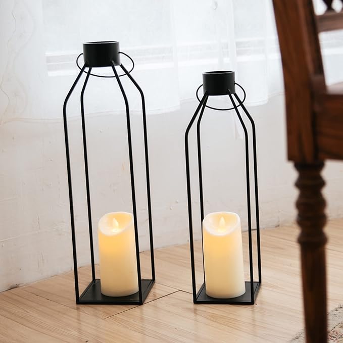 HPC Decor 22'' 19'' Lanterns Decorative w/ Flickering Timer Candles- Large Tall Black Metal Candle Lanterns Set of 2- Modern Farmhouse Decor for Indoor,Outdoor,Tabletop,Porch (No Glass)-Ruum Studio Home