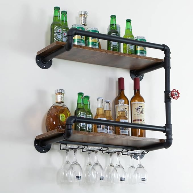Wine Rack Wall Mounted 2 Tier, Hanging Floating Small Mini Bar Liquor Shelves with Glass Holder Storage Under, Industrial Rustic Pipe Farmhouse Kitchen Decor Black(23.6x10.6x19.7)-Ruum Studio Home